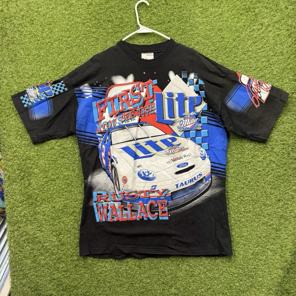 Vintage NASCAR Rusty Wallace Shirt Mens 2XL Miller Lite AOP All Over Print 90s